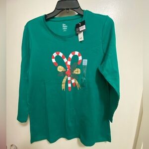 Kim Rogers Womens Christmas Candy Canes 3/4 Sleeve Green Top Shirt M Medium NWT